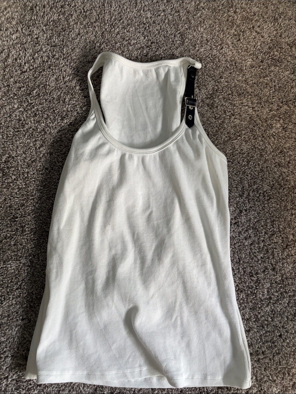 White Ribbed Tank Top with Buckle Strap